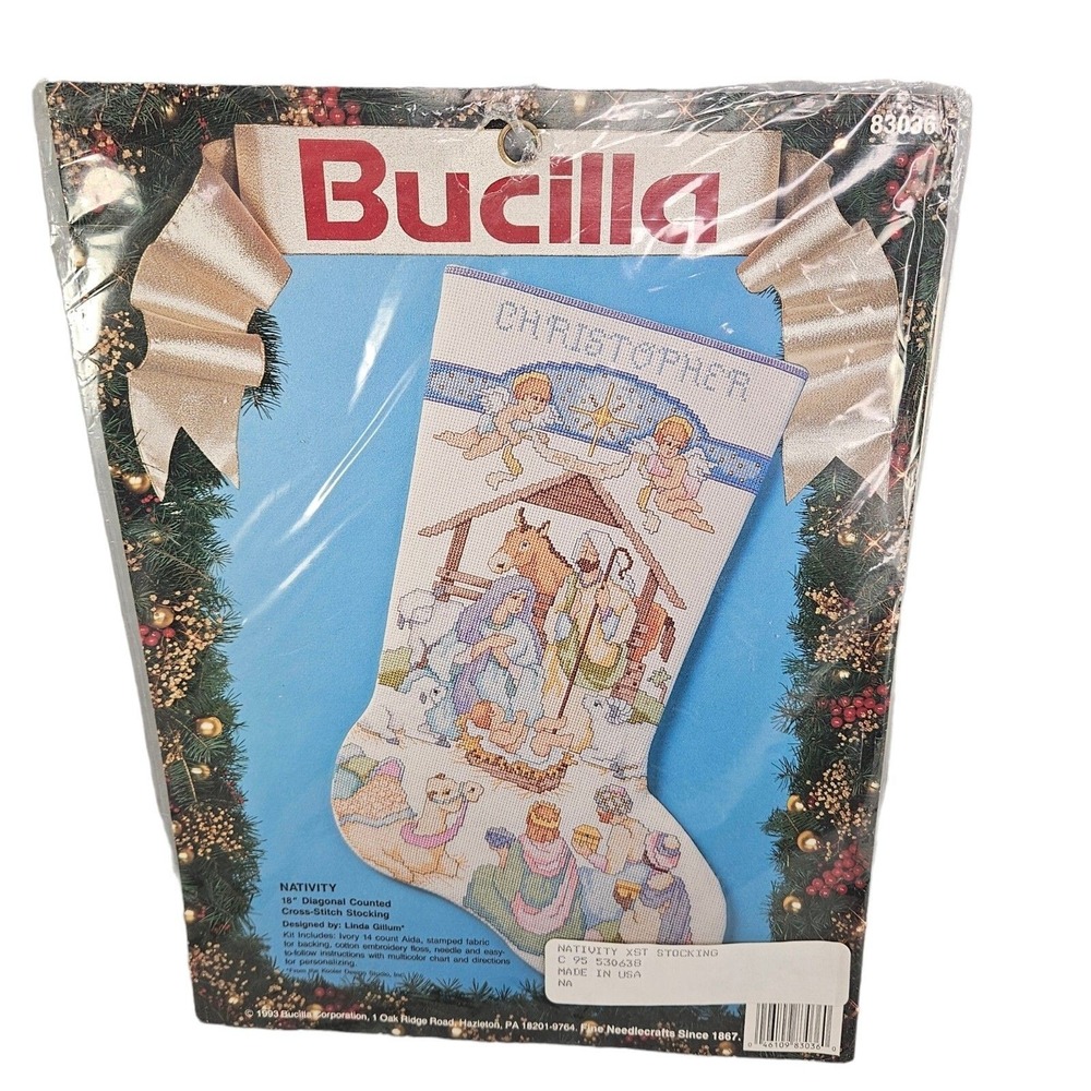 Bucilla Christmas Stocking Kit Nativity Counted Cross Stitch Linda Gillum New